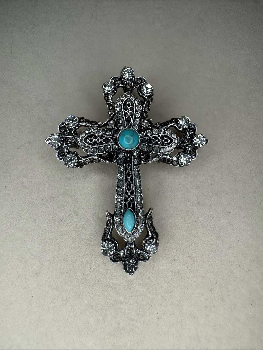 New Ornate Cross Pendant Brooch with Turquoise type stones